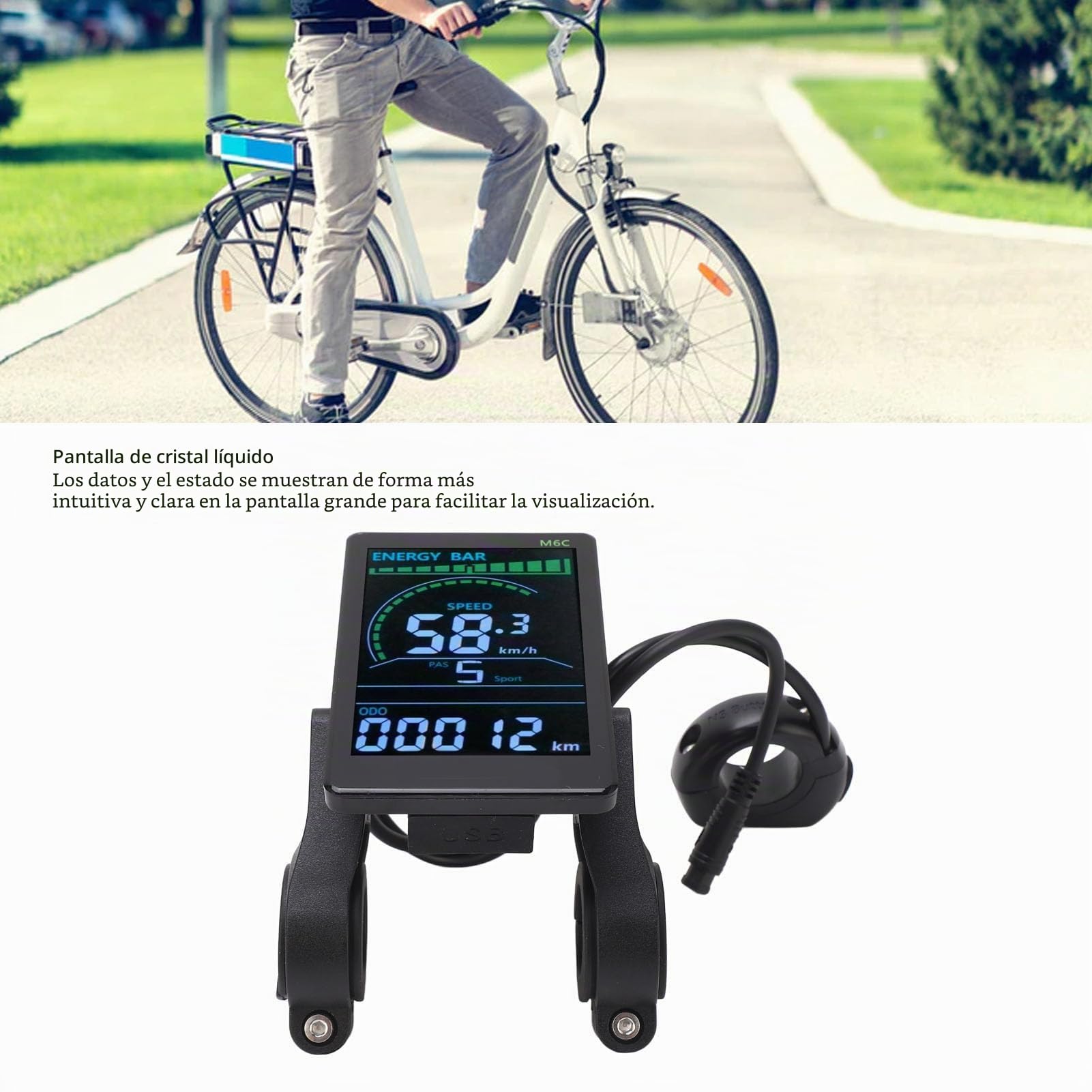 Medidor de Pantalla LCD para Bicicleta Eléctrica M6C Panel de Control Impermeable para EBike E Bike de 24V 36V 48V 60V Pantalla LCD con Construcción de ABS y Conector de Faro