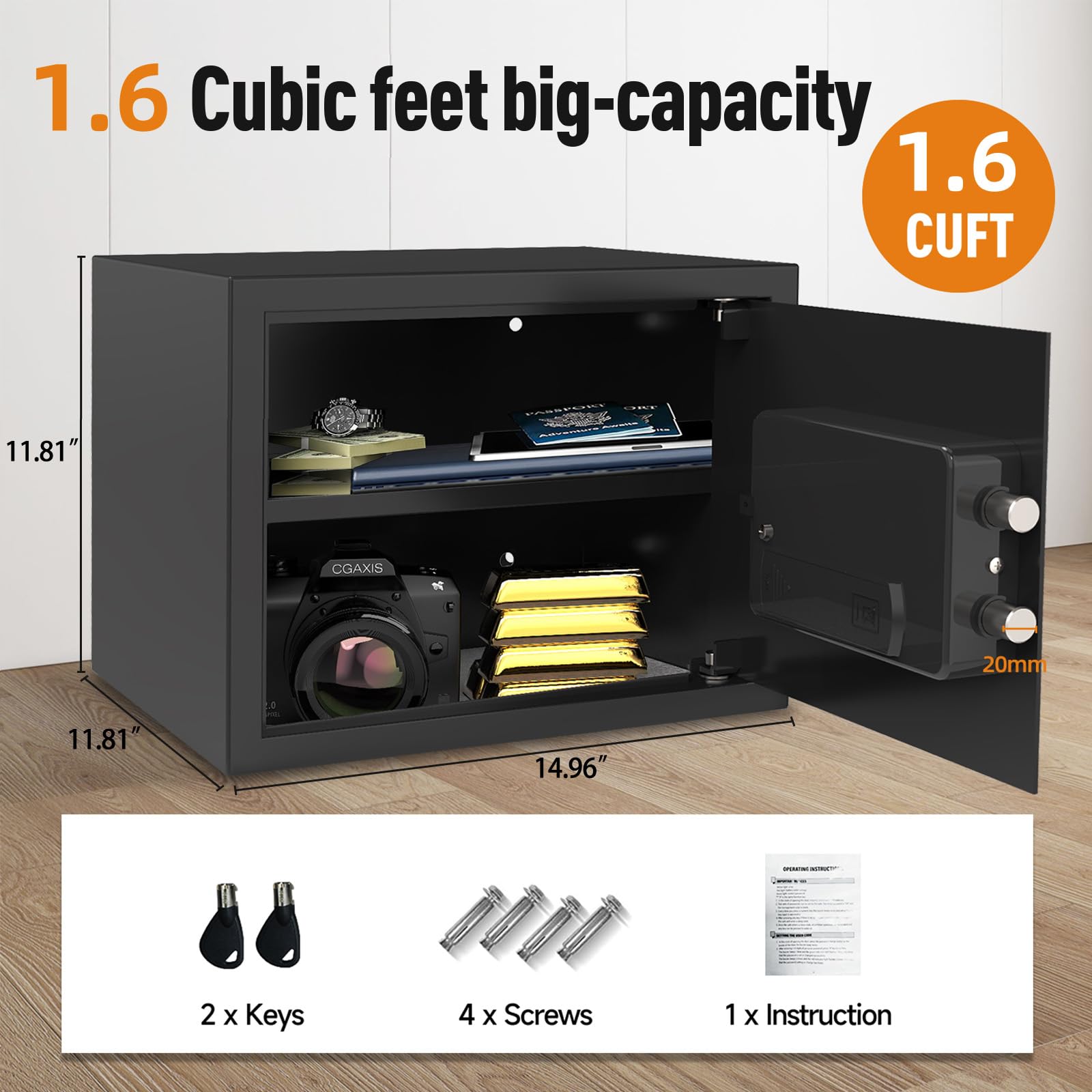 GOLDENKEY Home Digital Security Safe Box Lock Safe Steel Cabinet Safe Keypad Lock with Keys Wall or Cabinet Anchoring Design Sejfy na pieniądze Biżuteria Dokumenty 1.04 Cubic, czarny