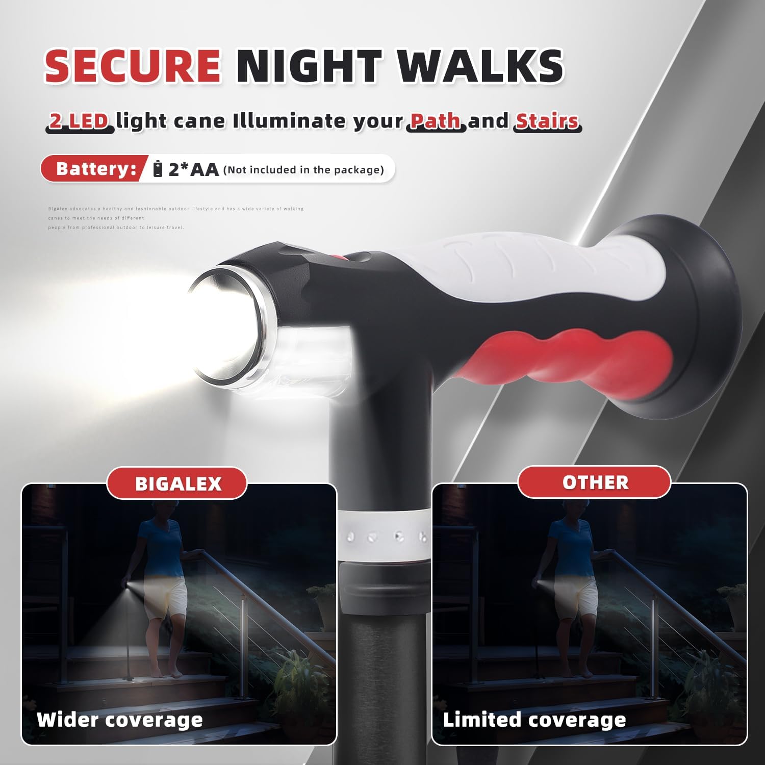 BigAlex Folding Walking Cane with Two Led Lights for Elderly Solid Base Adjustable Walking Stick with Carrying Bag for Men Women