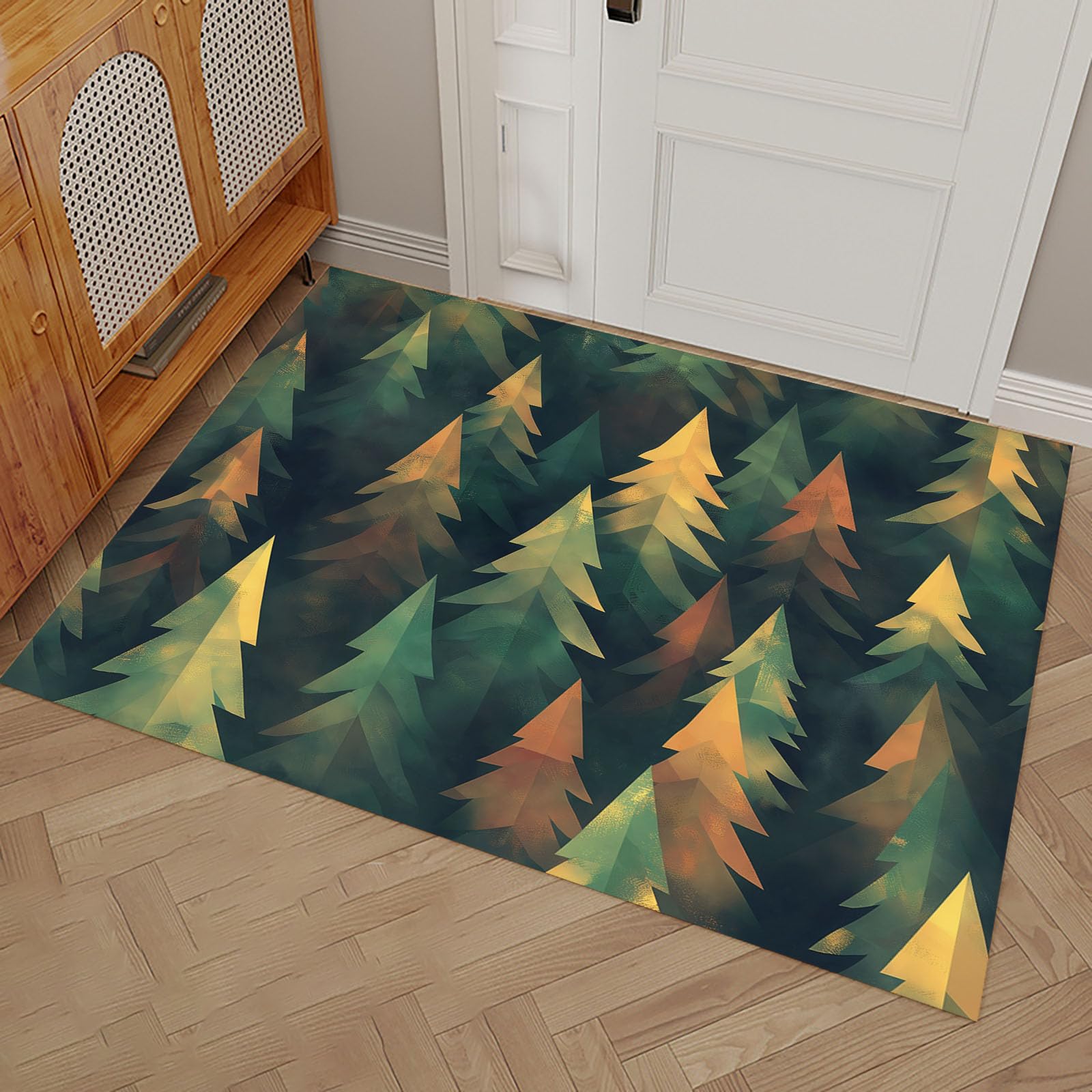 Paillasson de Cuisine et Couloir Tapis Forêt Abstraite Vert et Marron 60x90