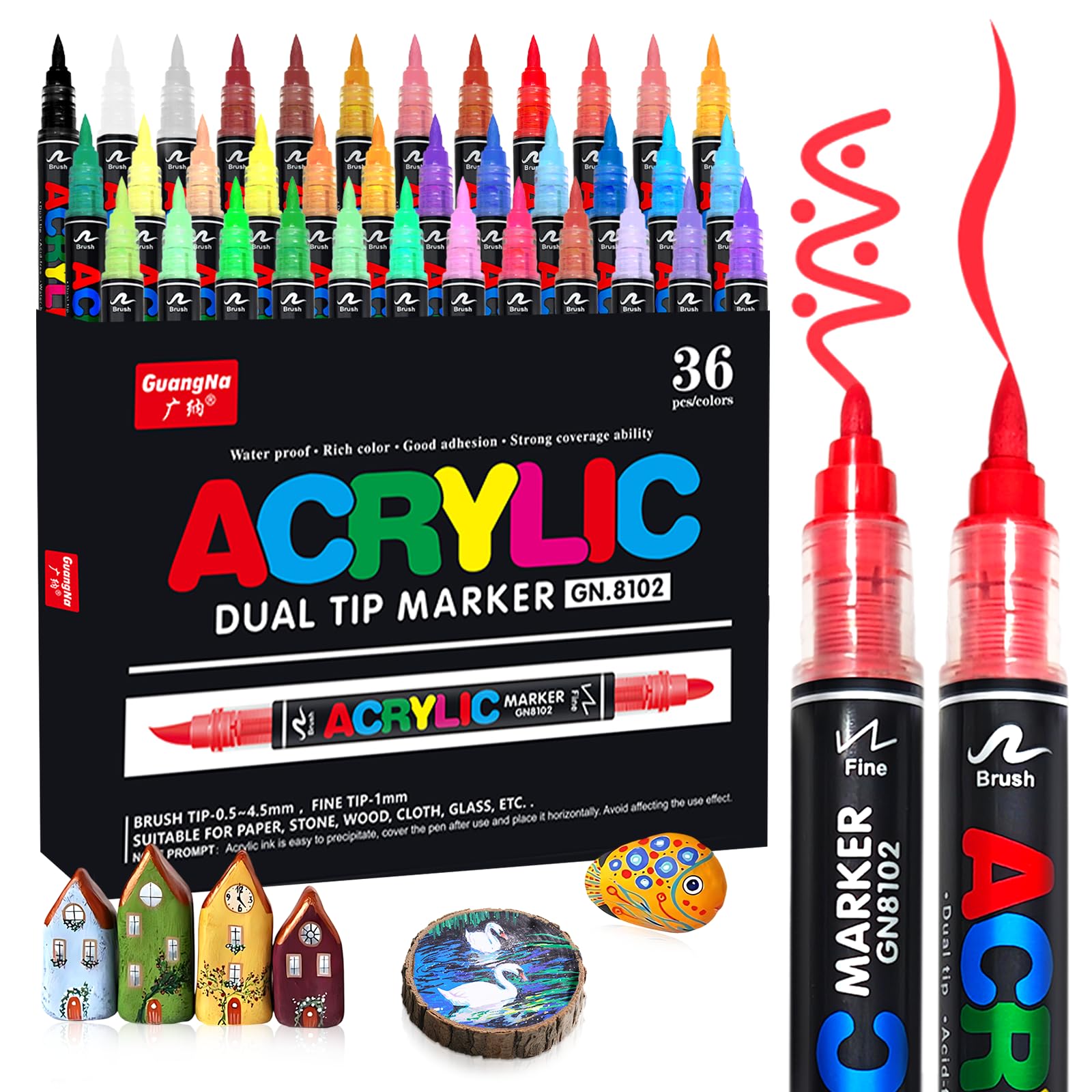 VAKKI Pennarelli Acrilici, 36 Colori Pennarelli Acrilici Doppia Punta 4.0g Acrylic Marker per Dipingere Sassi, Tessuti, Metallo, Vetro, Legno, Tela, Ceramica, Plastic, pennarelli per colorare adulti