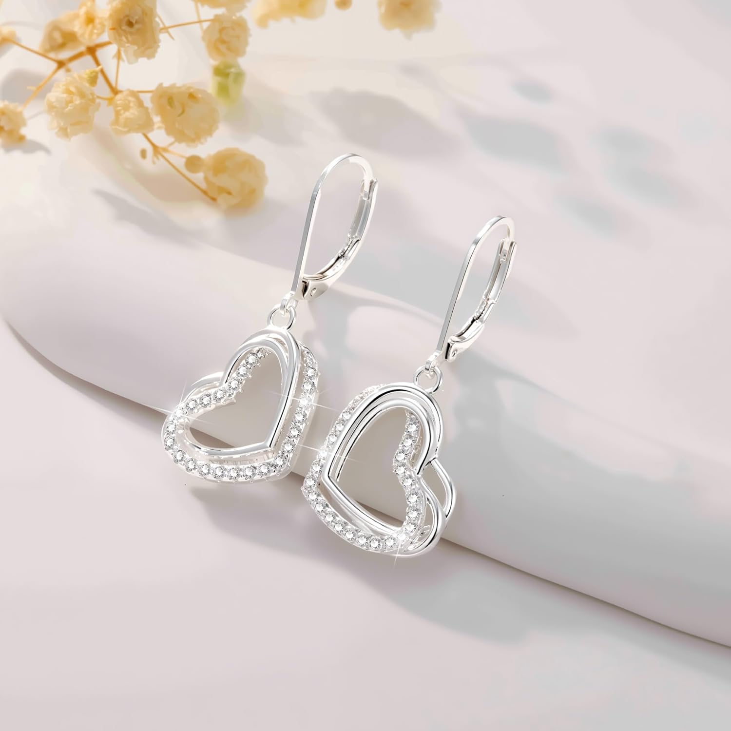 925 Sterling Silver Heart Earrings for Women, 14K Gold Plated Cubic Zirconia Dangle Earrings, Leverback Hypoallergenic Drop Earings for Women, Valentine's Day Gifts - Image 6