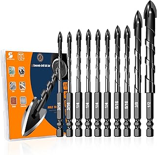 Concrete Drill Bit Set 10PCS (3/16”-1/2”), Professional Masonry Drill Bits Tungsten Carbide Tip Work for Glass, Metal, Brick, Tile, Concrete, Plastic and Wood (10PCS-Concrete Drill Bit Set)