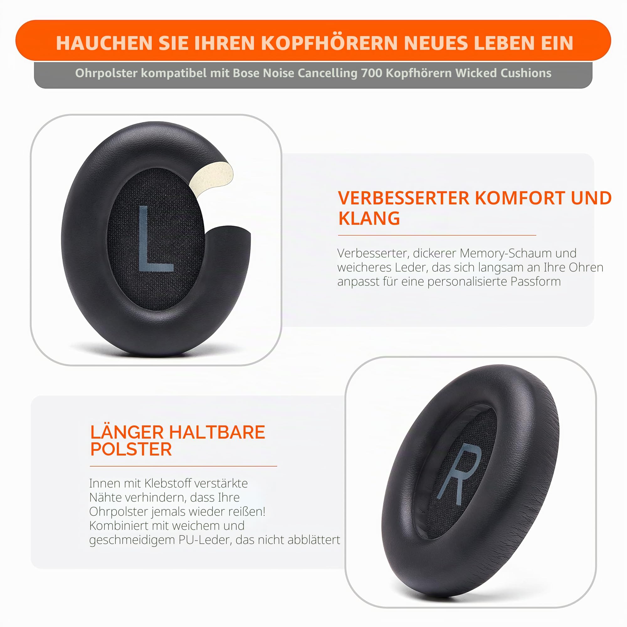 WC Wicked Cushions Verbesserte Ersatz-Ohrpolster für Bose 700 Noise Cancelling-Kopfhörer (NC700) – weicheres PU-Leder, luxuriöser Memory-Schaum, zusätzliche Dicke, extra langlebig | Schwarz