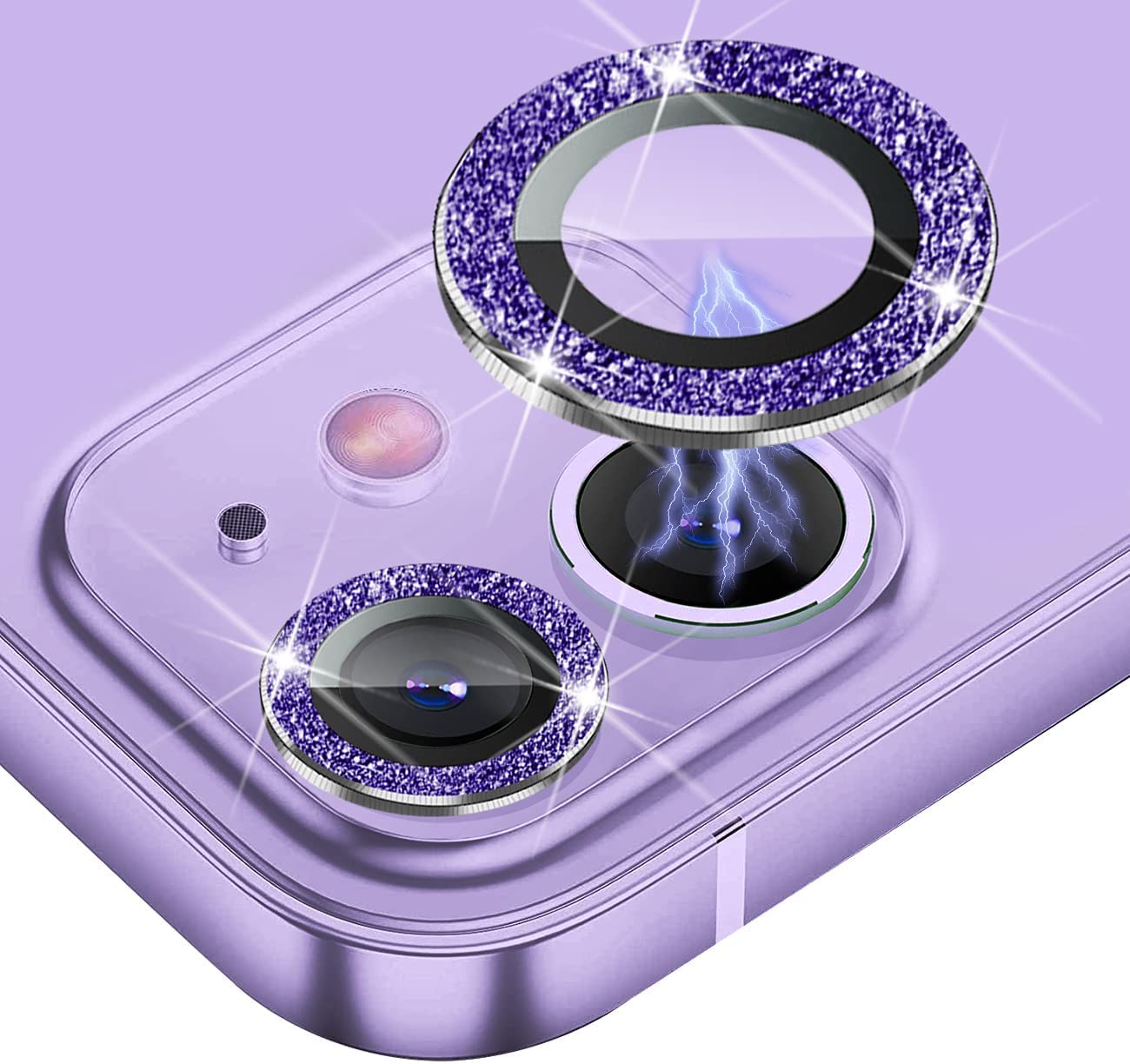 Voski iPhone 11 Camera Lens Protector Sparkle Ring Aluminum Alloy HD Glass For iPhone 11,iPhone 12,iPhone 12 Mini-Purple