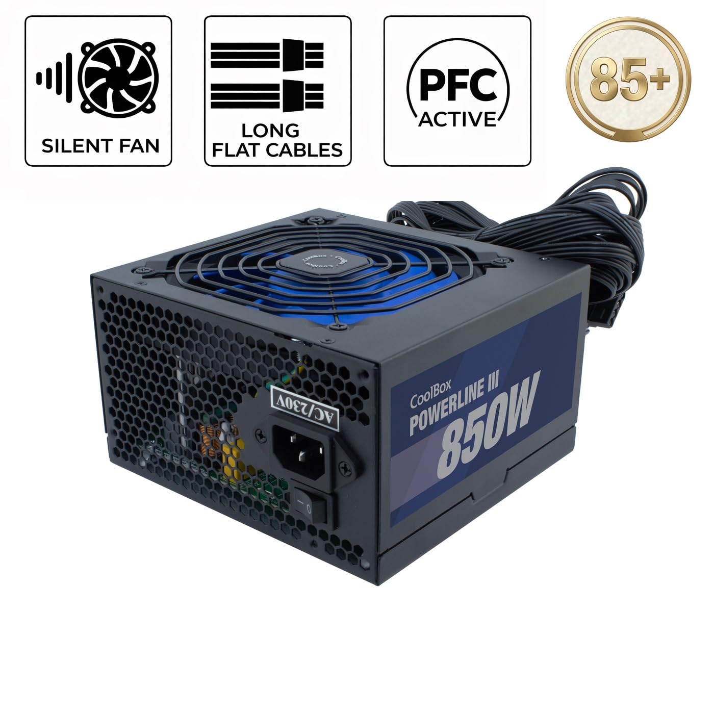 CoolBox Powerline3 850, Fuente de Alimentación PC 850W, ATX, 85% Eficiencia, Ventilador Ultra-silencioso 12cm, Tecnologías SMD y DC-DC, Filtro emi, Cables Planos Largos, Negro