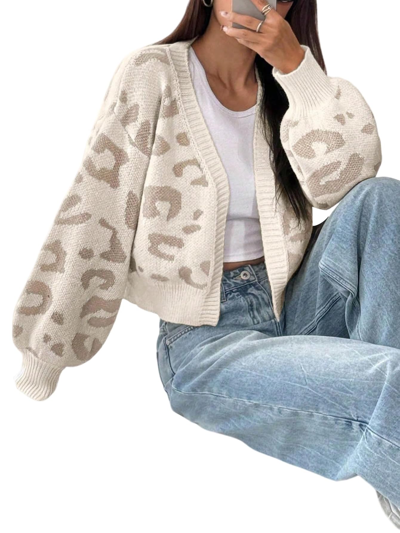 GORGLITTER Chaqueta de punto para mujer, corta, elegante, leopardo, parte superior, de punto, chaqueta de punto, manga larga, abrigo de punto de invierno, jersey de punto con cuello en V, chaleco de