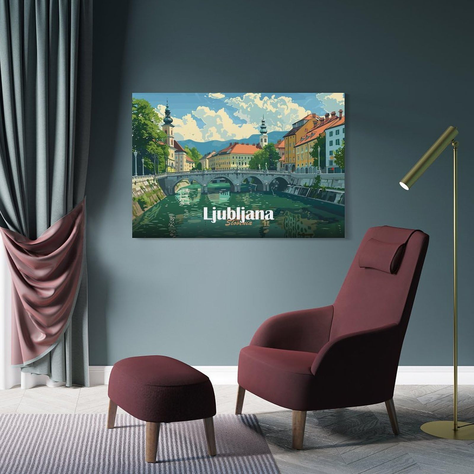 Junmoney Frame-Style-1-1 Wall Picture Print Ljubljana, Slovenia Cityscape, 24X36inch(60X90cm), For Entrance Walls, Hall Decor Or Foyers, Home Artwork For First Impressions