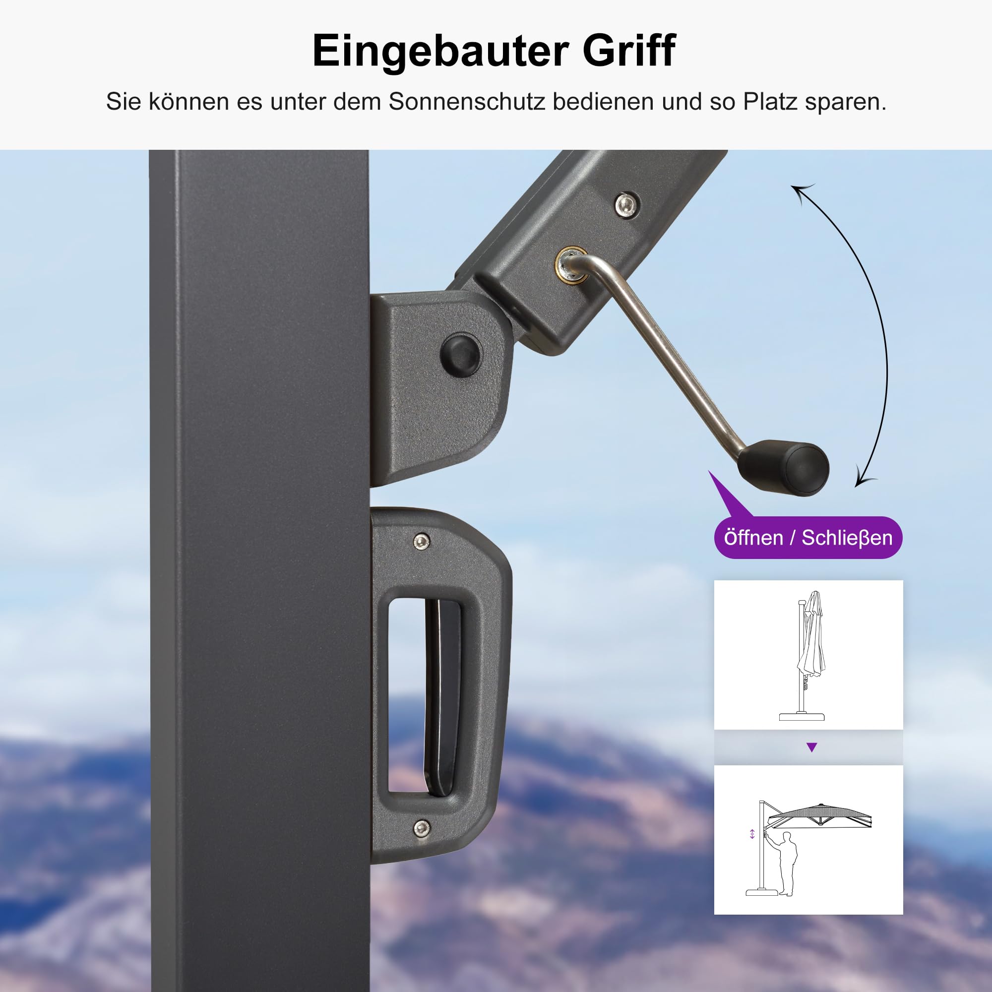 PURPLE LEAF Sonnenschirm 365 × 365 cm Eingebauter Griff Alu Groß Beige | Große Schattenzone, Verdickter Schirmmast, mehr Stabilität, 360° Flexibilität, Vielseitig Verstellbar, 240g/m² UV50+ Stoff