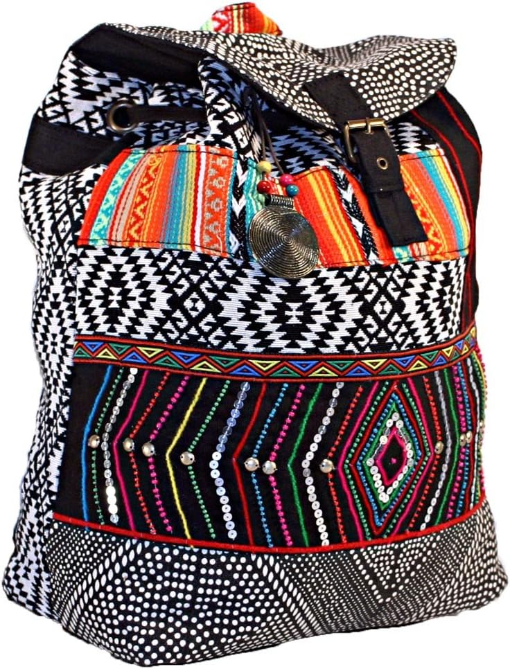 Bohemian Delight Drawstring Backpack Beaded Geometric Rainbow Daypack