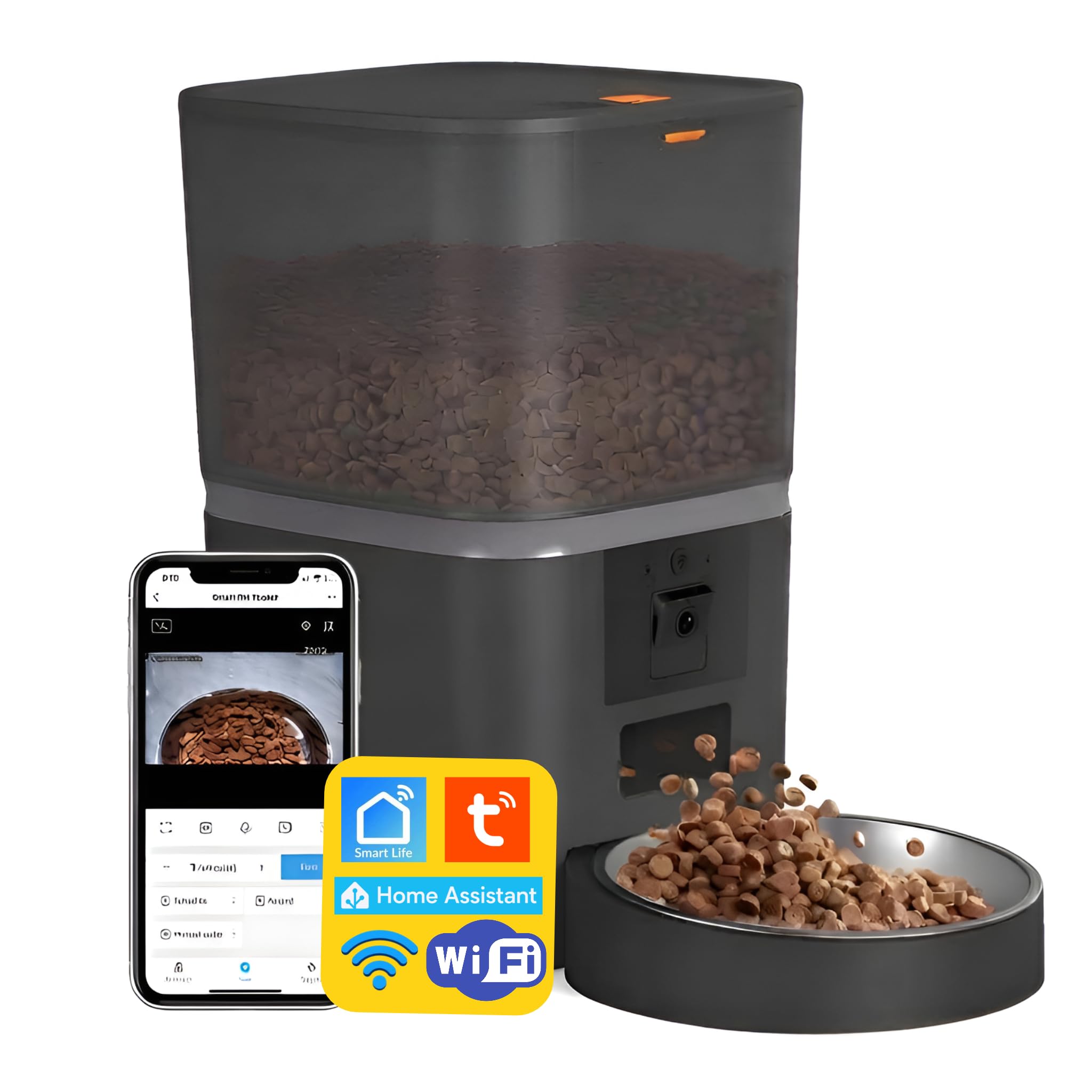Distributore Smart Cibo Gatti e Cani con Telecamera HD, Dispenser 6L WiFi 5G e 2.4G, Audio Bidirezionale e Visione Notturna, Timer, Ciotola Inox, App Tuya SmartLife