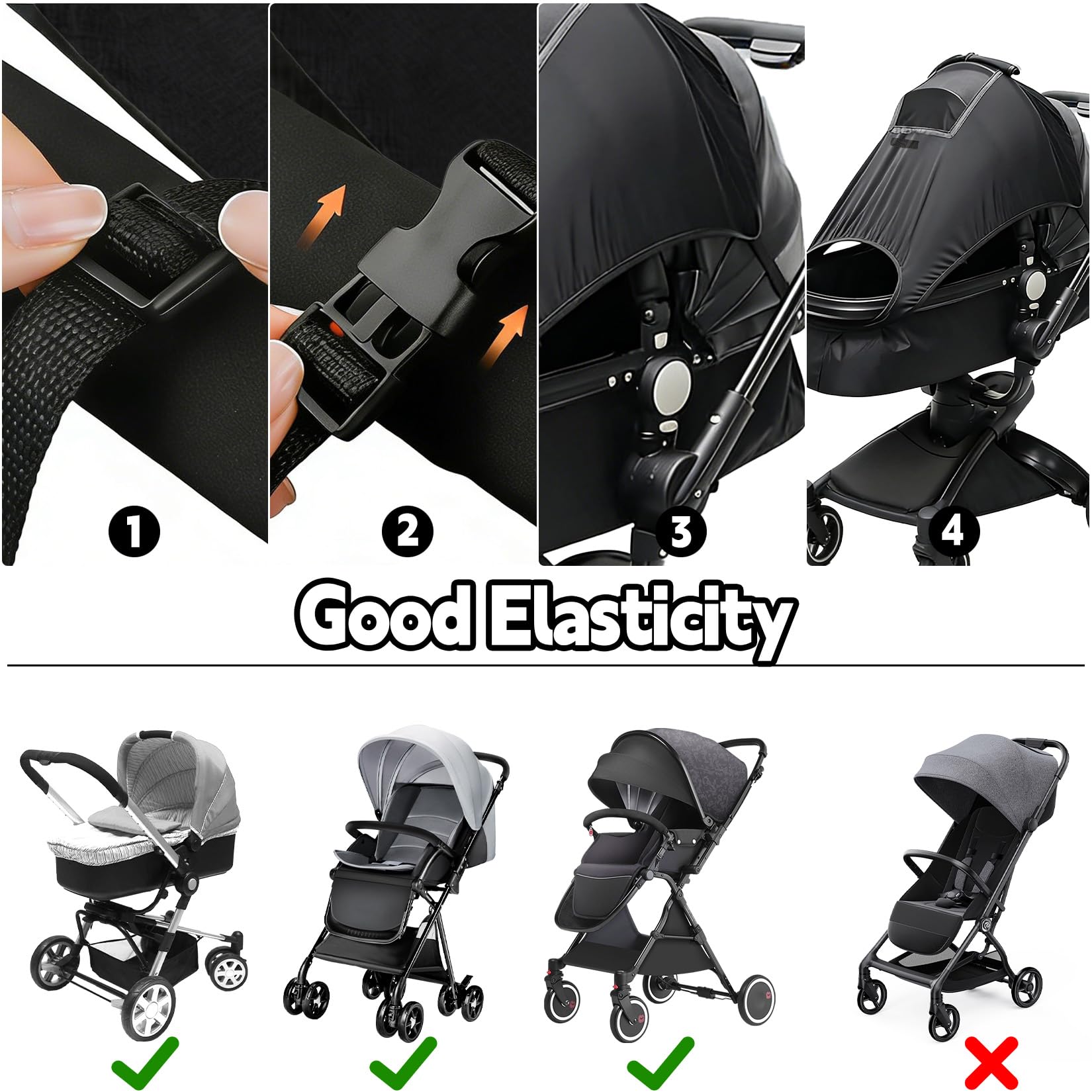 Parasole per passeggino con finestra, impermeabile, regolabile, universale, con protezione UV (nero)