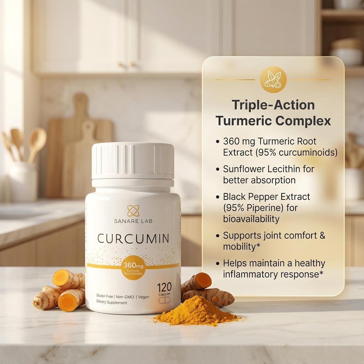 Curcumin Turmeric 360 mg per Serving (eq to 12 000 mg Turmeric), 120 Capsules w/Black Pepper & Phytosome Extract - Image 3