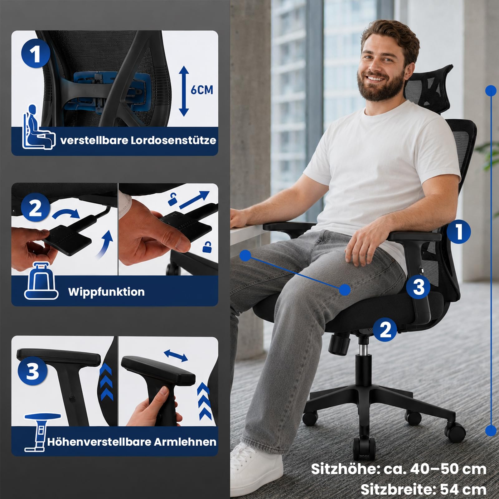Bürostuhl ergonomisch, Schreibtischstuhl mit Kopfstütze, Lordosenstütze und höhenverstellbaren Armlehnen, Drehstuhl mit 90°-130° Wippfunktion, Netzstuhl bis 150 kg für Homeoffice