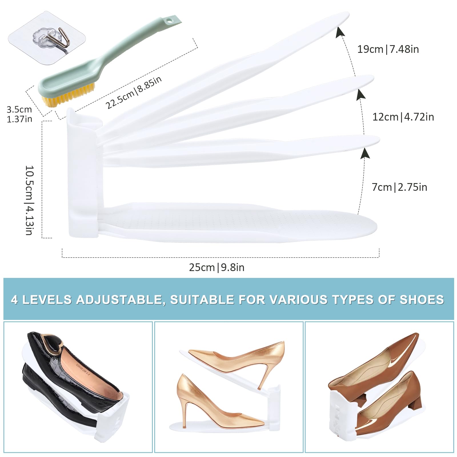Organizadores de Zapatos,20pcs Soporte de Calzado de Altura Ajustable,Zapatero Simple,ranuras para zapatos,Adecuada para Mujeres y Hombres,3 Alturas para Todo Zapatos,Ahorra Espacio(Blanco)
