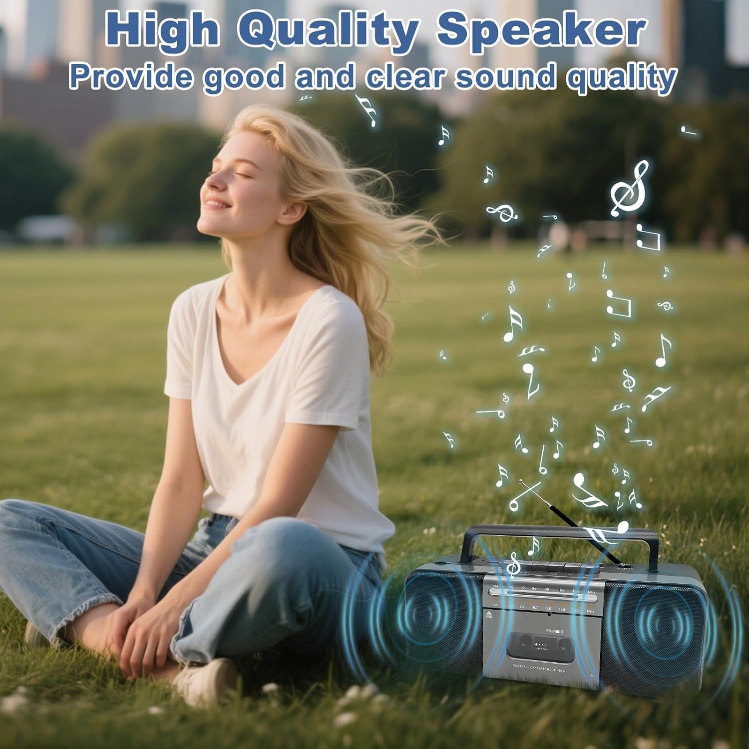 Tragbarer Bluetooth Kassettenspieler Boombox mit Kassettenrecorder, AM/FM/SW Radio, 10W Dual-Lautsprecher, USB/TF/MP3 Wiedergabe, Kopfhöreranschluss, Netz- & Batteriebetrieb - Grau