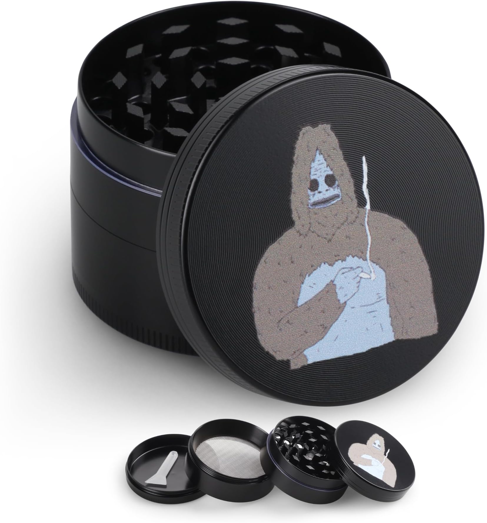 Compatible with The Big LEZ Show Custom Printed 4 Part Sassy The Sasquatch Metal Herb Grinder for Spices with Pollen Scraper and Micron Screen 50mm