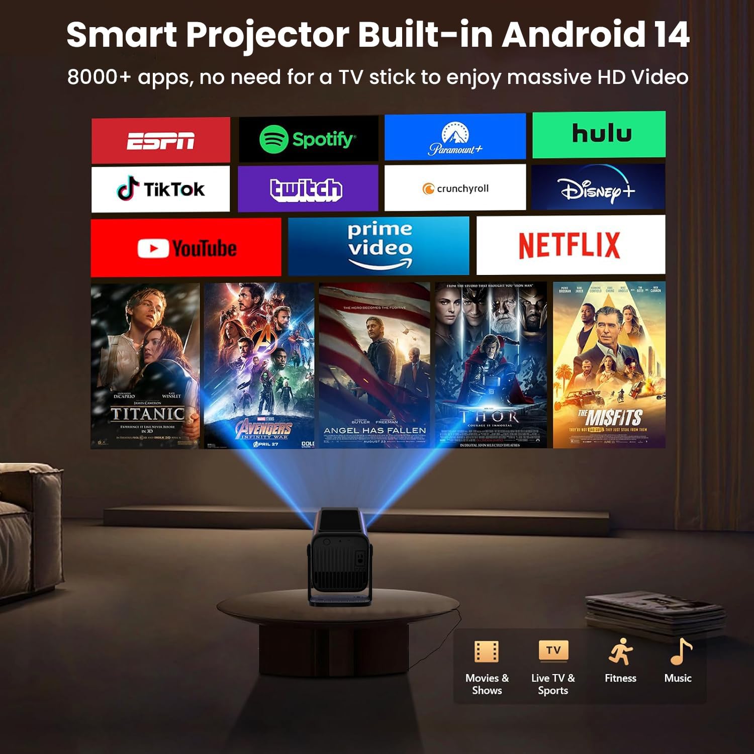 WZATCO Yuva Go Pro Fully Automatic Projector 4k Ultra HD | Native 1080p | 12000 Lumens | Android 14, Netflix, Prime | ARC-CEC | WiFi 6, Auto 4D Keystone — Amazon image 4