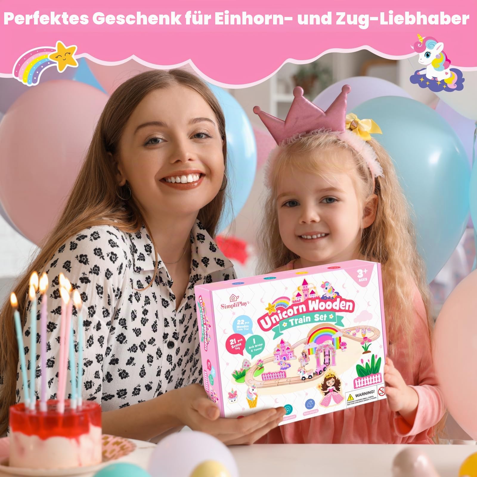 SIMPLIPLAY Holzeisenbahnset – 43-teiliges magnetisches Einhorn-Spielzeugzugset mit Holzeisenbahnschienen und Brücke für Mädchen und Kleinkinder, Geburtstag oder zu Weihnachten