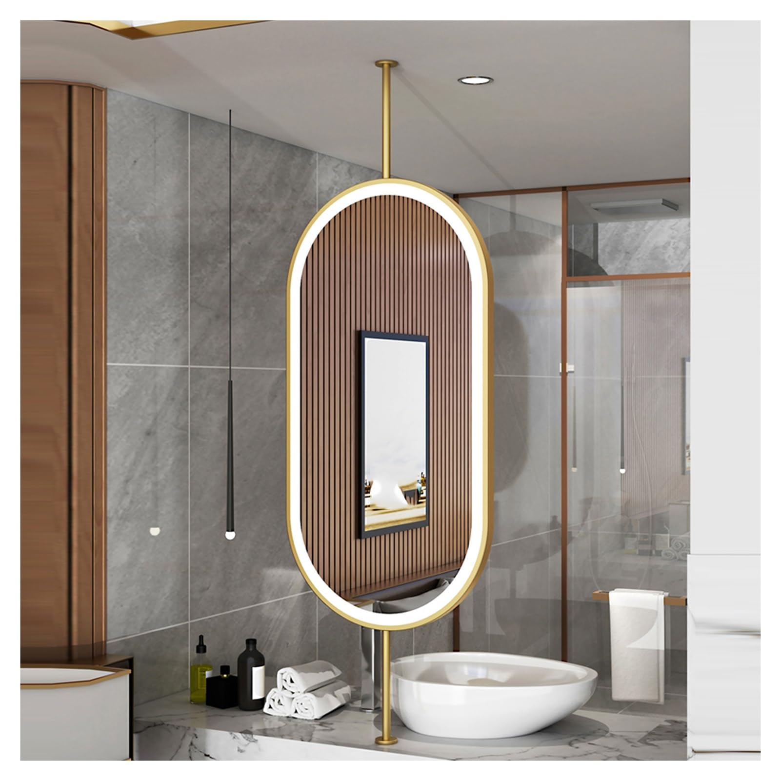 SBCGFY Ceiling Hanging Mirror,Bathroom Floating Vanity Mirror Clear and Practical,Luminous Vertical Hanging Mirror,for Entryway Living Room,Boom Can be Customized(Gold 90L x 60W cm)