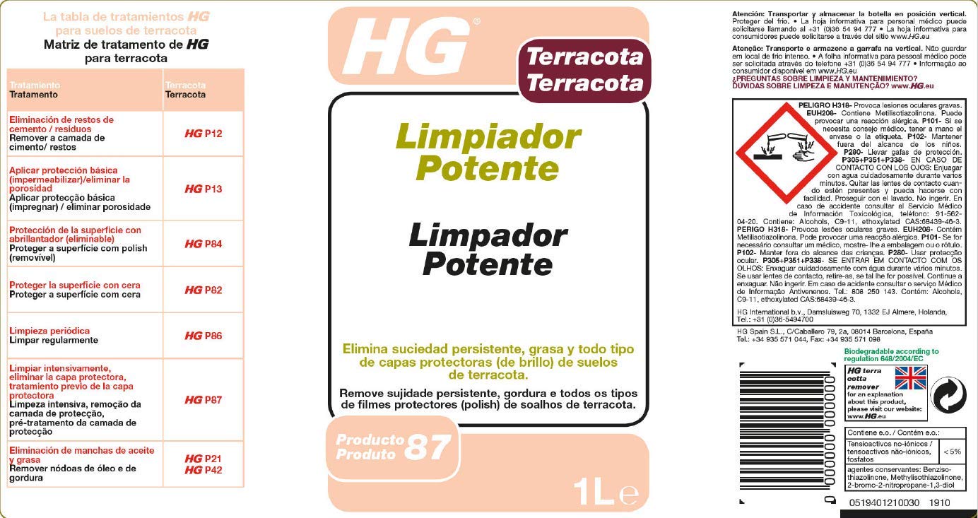 HG Limpiador Profesional para Terracota Concentrado 1 litro Elimina Manchas Grasa Abrillantador Suelos