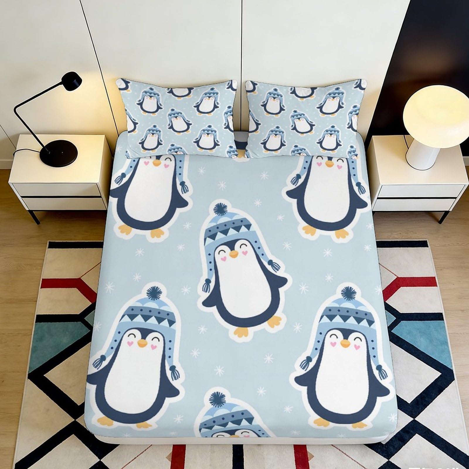 3D Printed Cartoon Penguin Fitted Sheet Microfiber Anti-Slip Mattress Cover Blue Winter Hat Bedroom Dorm Decor 160x200x25cm