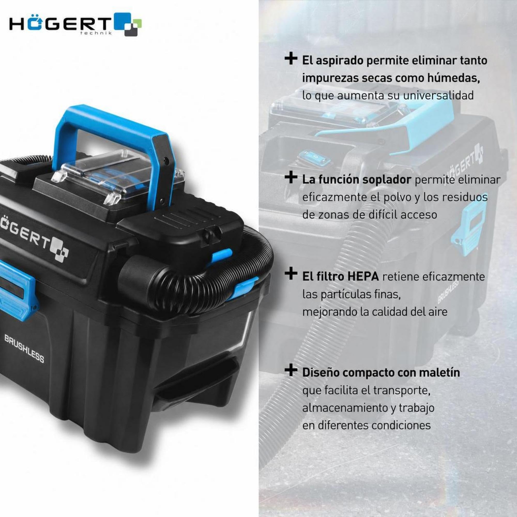 Högert Technik Aspirador en Húmedo y Seco a Batería 18V OneAccuSystem, Aspirador Industrial y de Taller Compacto con Filtro HEPA, función de soplado, depósito 10 L, inalámbrico, sin batería