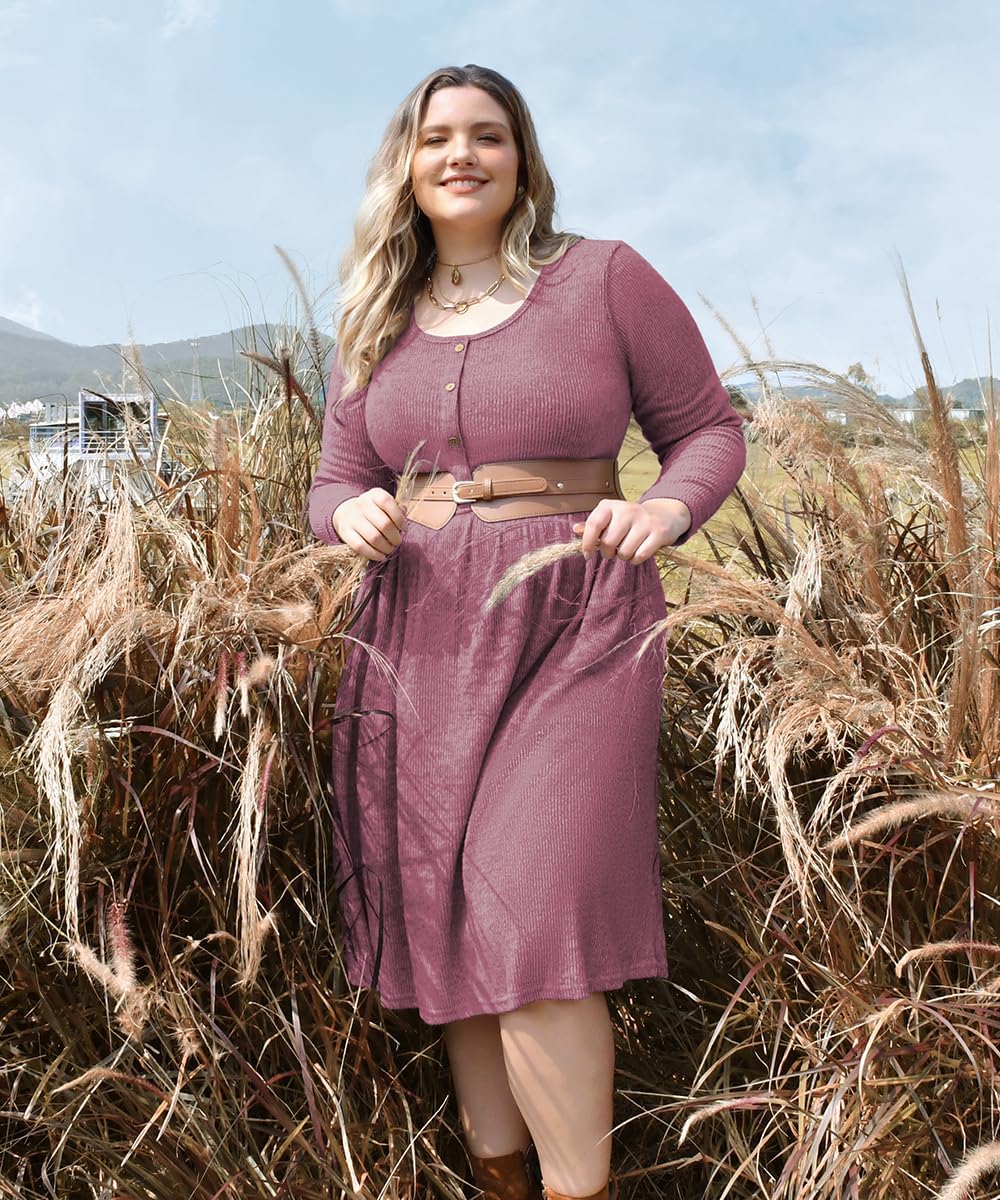 CARCOS Plus Size Sweater Dress Long Sleeve Henley Crew Neck Pullover Casual Fall Winter Knit Midi Dresses with Pocket XL-5XL - Image 2