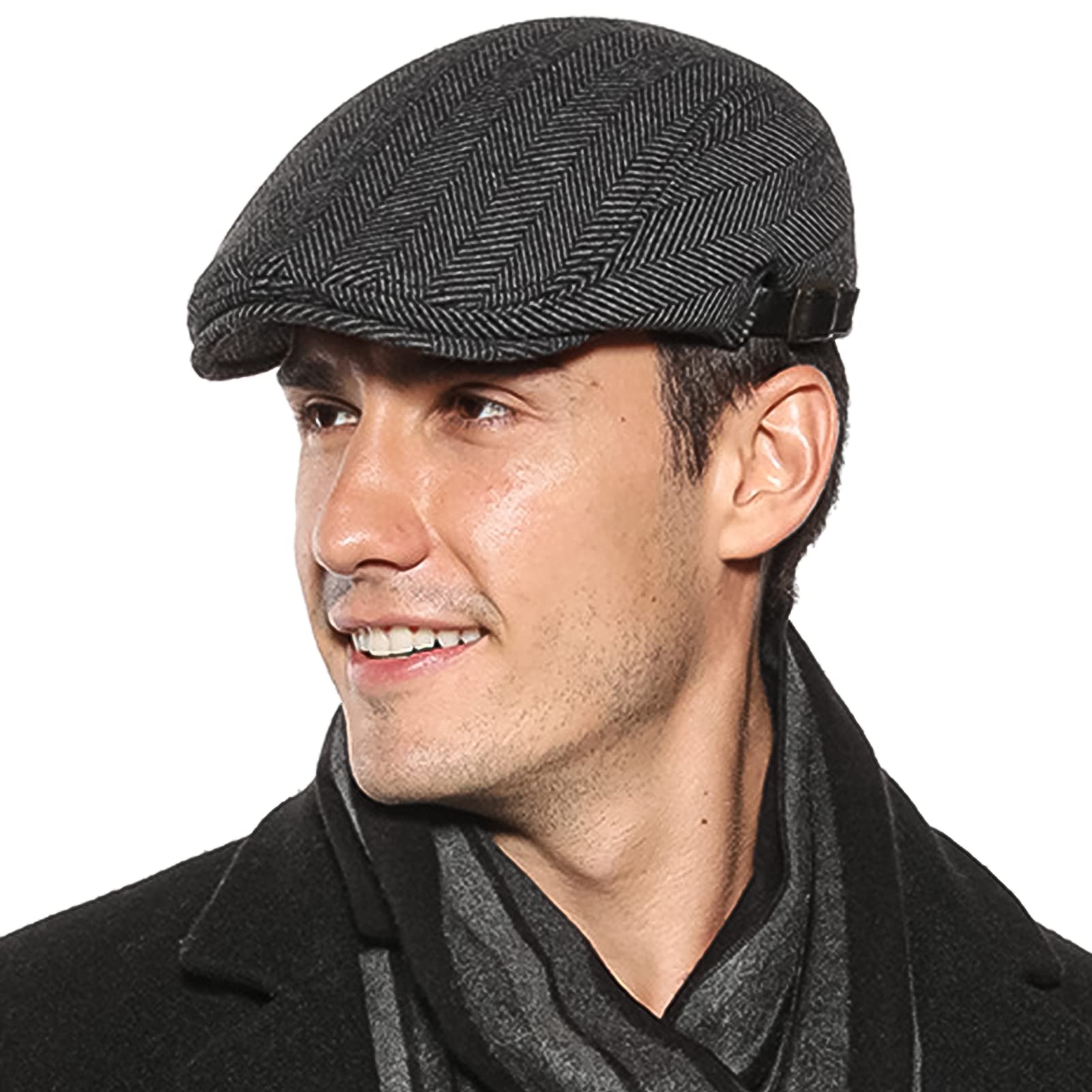 Aieoe Men's Grey Herringbone Tweed Flat Caps Panel Peak Beret Hat Adjustable Newsboy Cap Hat