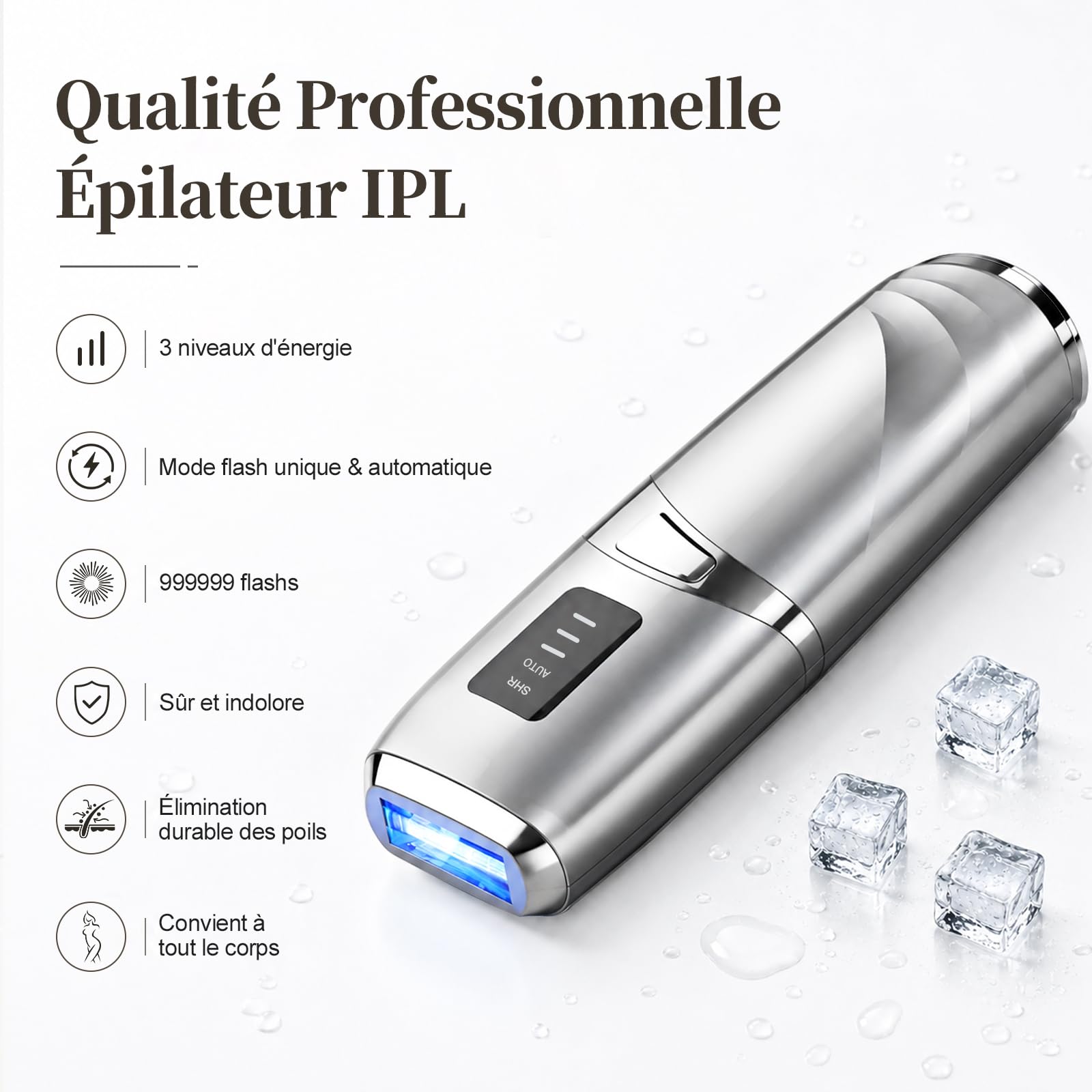 Épilateur Lumière Pulsée, 999,999 Flashs Laser Epilation Definitive, 3 Niveaux Énergie Lumière Pulsée, Résultats Durables, Épilation Laser pour Femme et Homme, Aisselles, Bikini, Corps