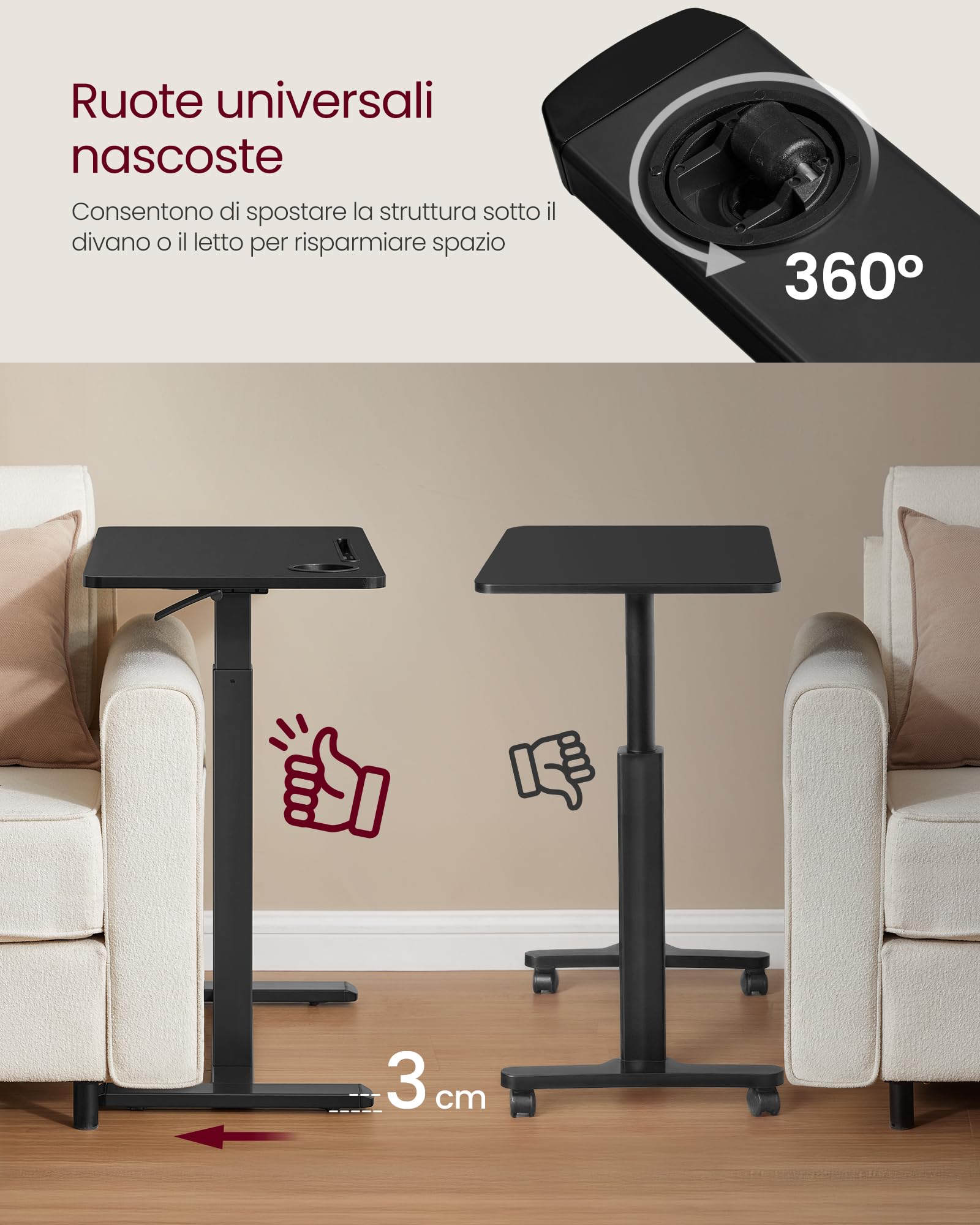 VASAGLE Scrivania con Ruote, Tavolino con Rotelle, Piano 70 x 40 cm, Regolabile in Altezza, 2 Portabicchieri, Slot per Cellulare o Tablet, Nero Inchiostro LSD600B01