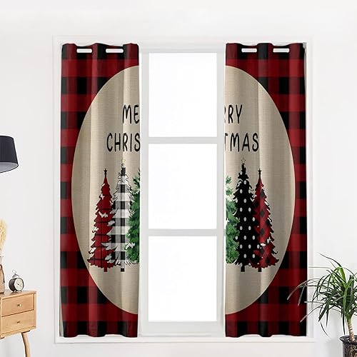 Miniatura 5 de Cortinas opacas para dormitorio, árbol de Navidad, cuadros rojos, lino con ojales, aislamiento térmico, cortina de oscurecimiento de habitación para