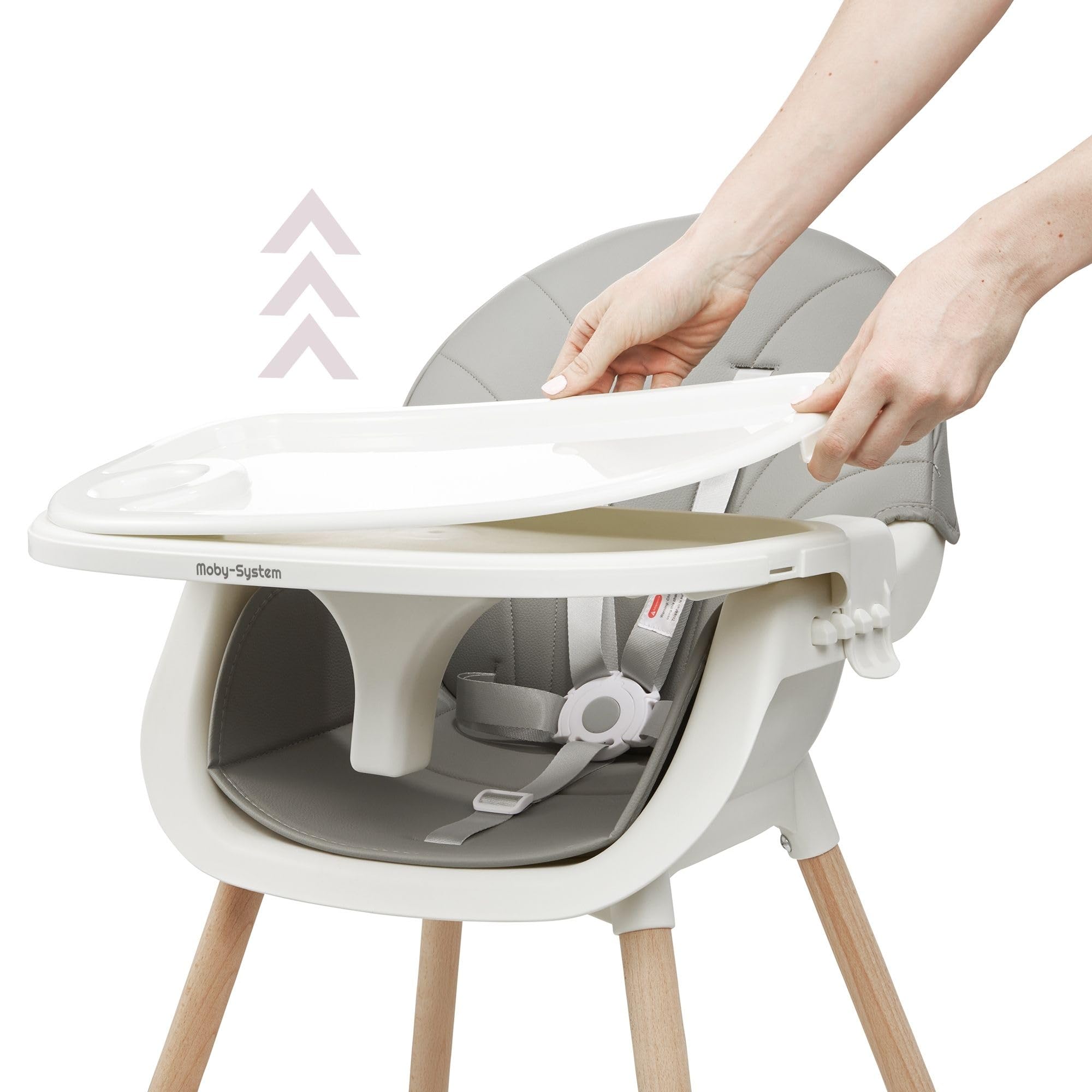 Moby-System Krzesełko do Karmienia Drewniane Amelia 2, 3w1 Krzesełko dla Dziecka od 6 m-cy do 6 lat, Krzesełko z Tacką i Podnóżkiem dla Dzieci, Pasy Bezpieczeństwa, Krzesło dla Starszaka, Szare