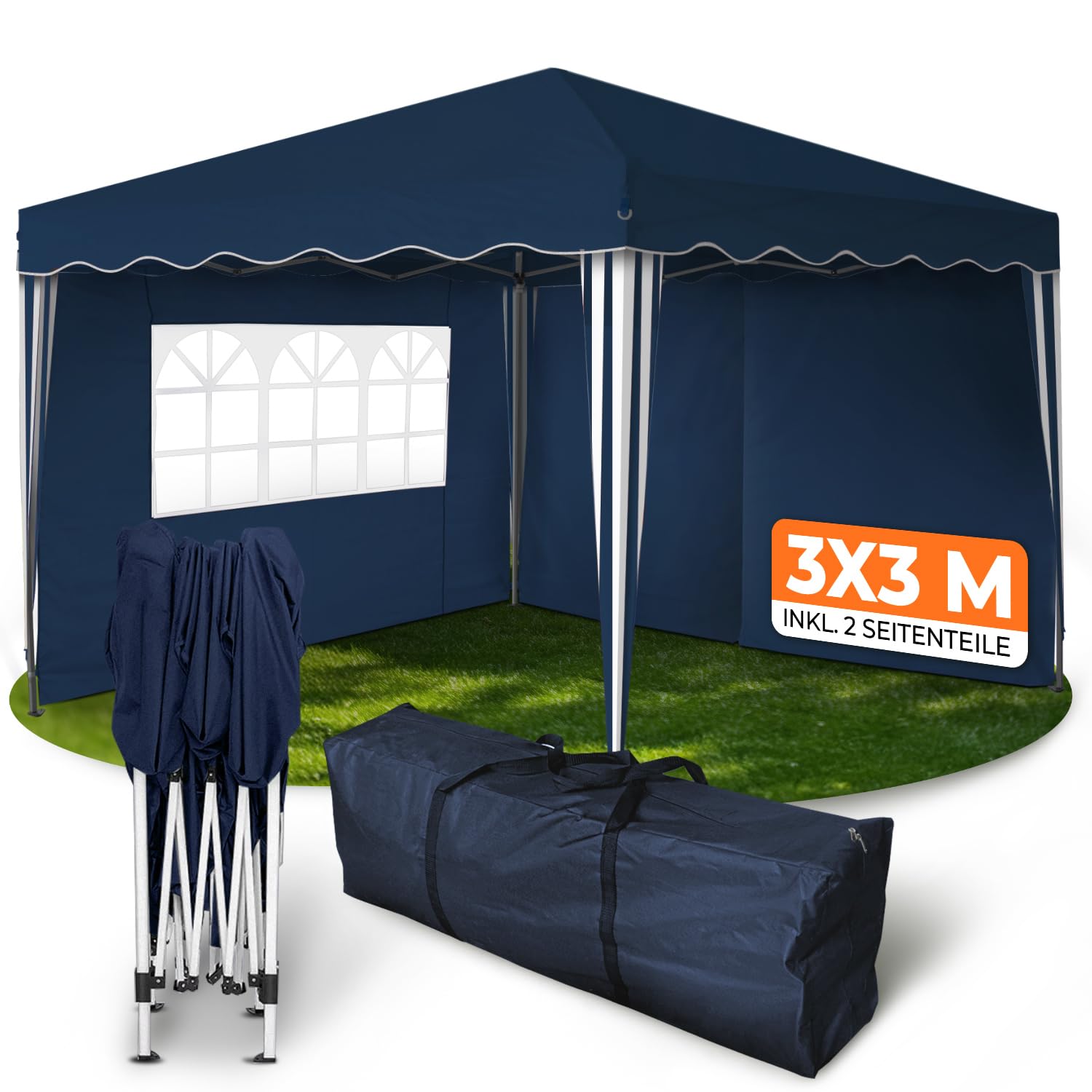 Kronenburg Faltpavillon Gartenpavillon 3x3 m - Dachmaß 3 x 3 m, inkl. 2 Seitenwände, blau/weiß
