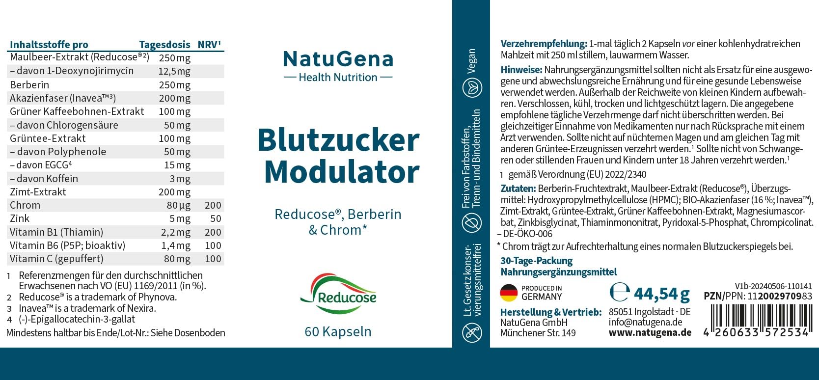NatuGena BlutzuckerModulator, 250 mg Berberin pro Tagesdosis, Reducose Maulbeer-Extrakt, Chrom, Zink, Vitamine B1 und B6, 60 Kapseln (30 Tage Packung)