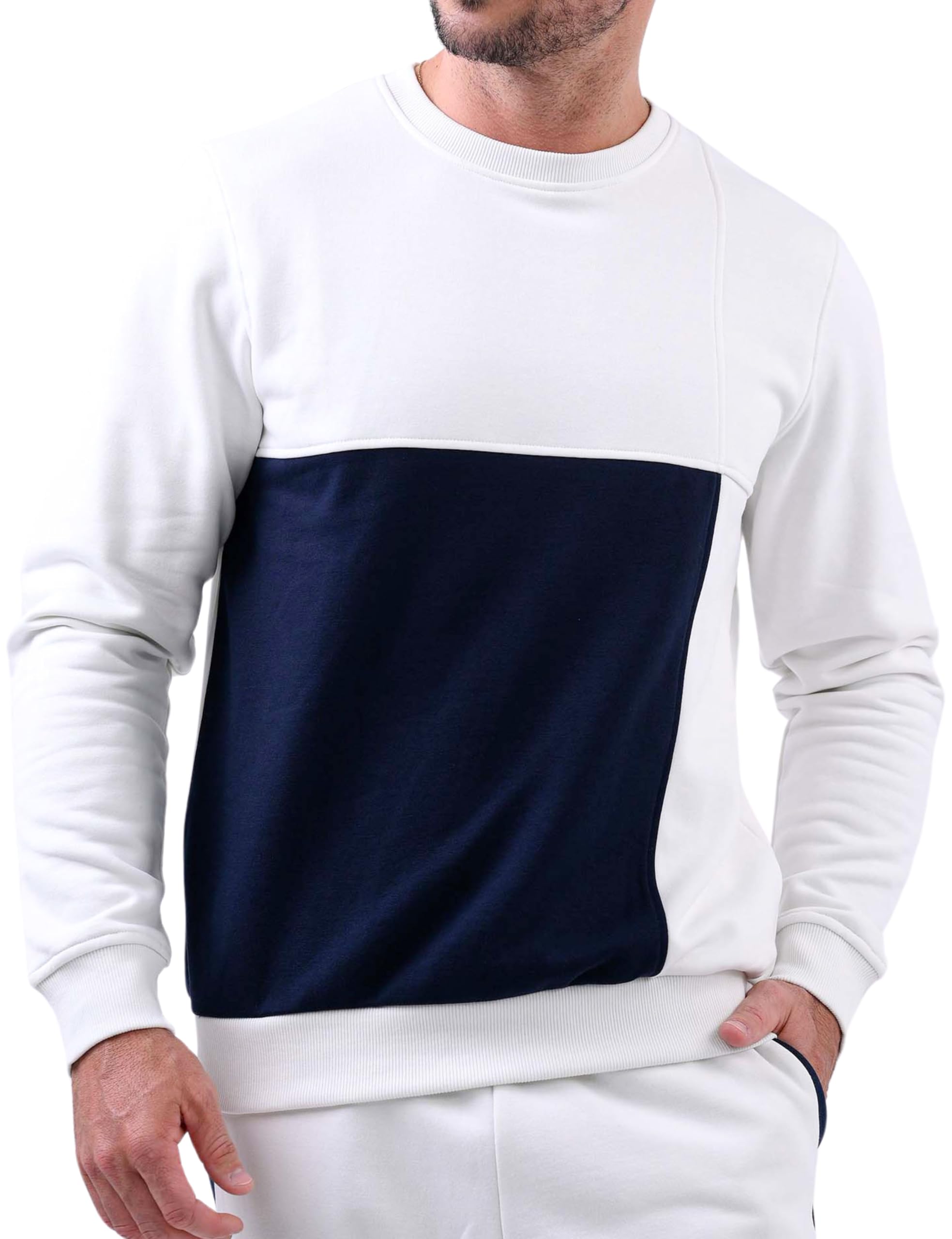 Enorsia Crew Neck Colour Block Regular fit Sweatshirt With Long Sleeves, Cuffs, And Hem Made With Soft Rib (White, XL)