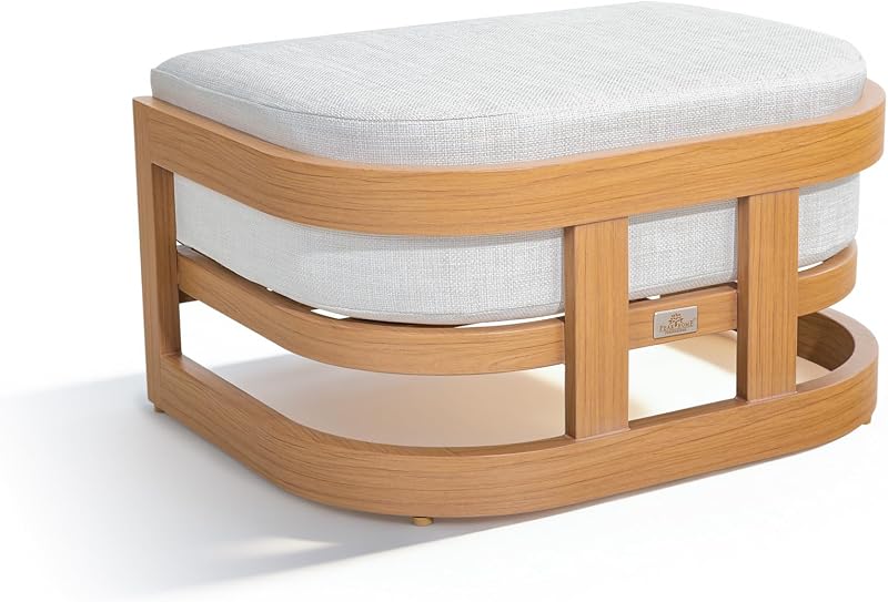 Outdoor Patio Ottoman in Aluminum with Cushion, Teak Finish