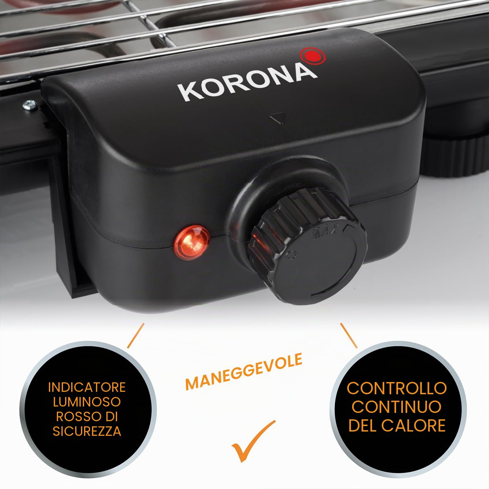 Korona 46117 Barbecue elettrico da tavolo con superficie barbecue XXL (51 x 30 cm) | 2200 Watt | elemento riscaldante rimovibile | interruttore di sicurezza | regolazione continua della temperatura