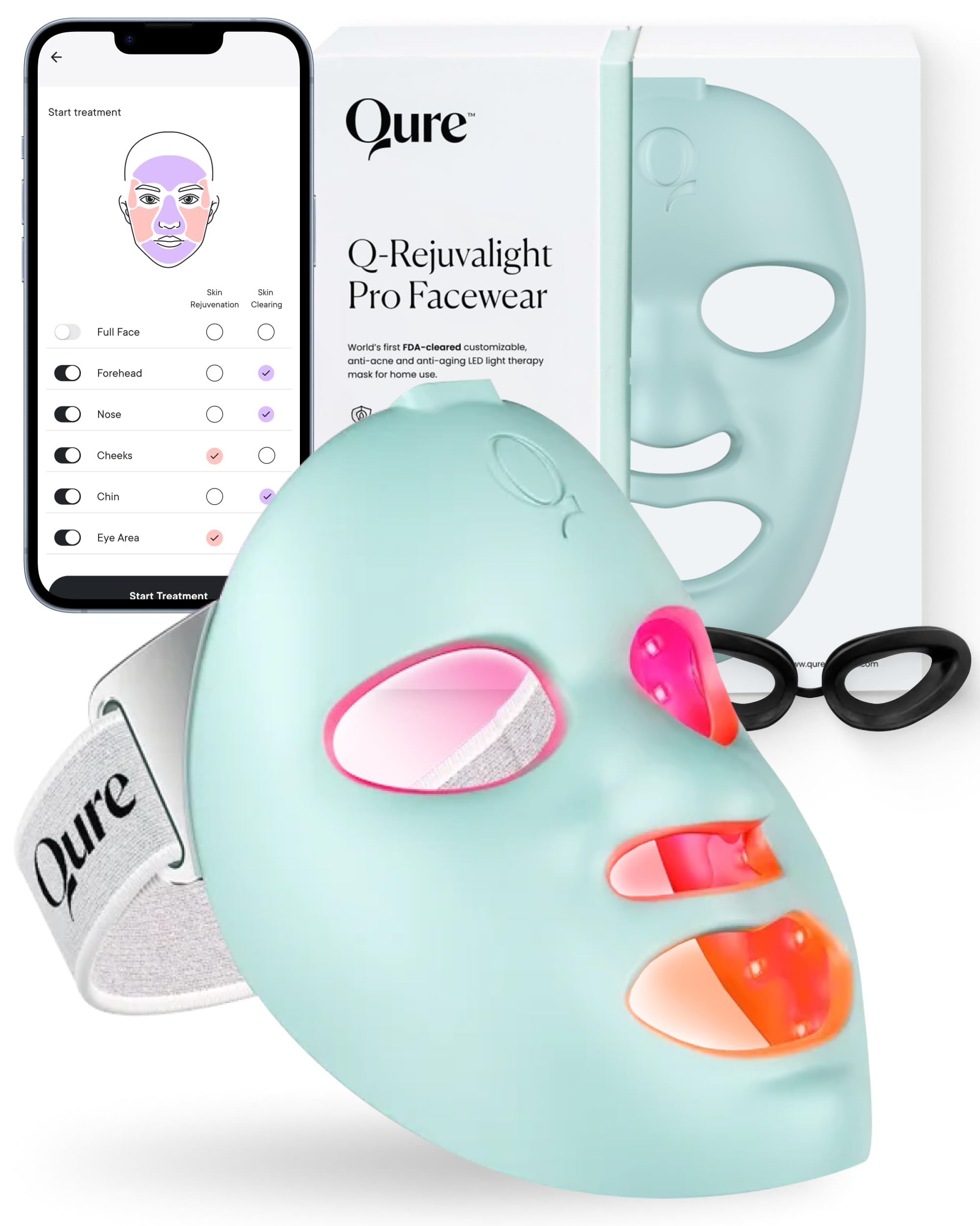 Qure Red Light Therapy for Face – LED Mask with 5 Light Modes for Anti-Aging, Acne, Wrinkles & Dark Spots, 3-Min Wireless Daily Treatments, Smart App Control with Reminders, FDA Cleared