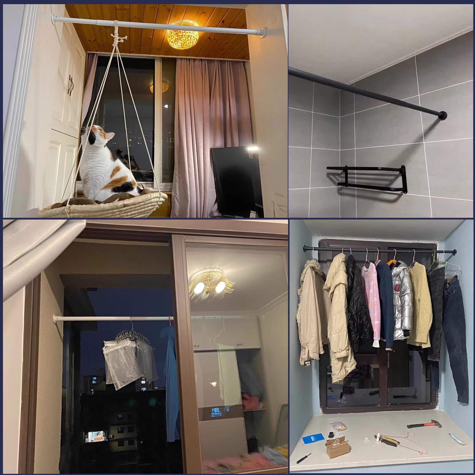Barra Armario Soporte de Tubo para Armario Extraíble con Superficie mate Esmerilada, Soporte para Barra de Cortina para Guardarropas Que Ahorra Espacio para Apartamentos, Estante para Barra(Black,70-1