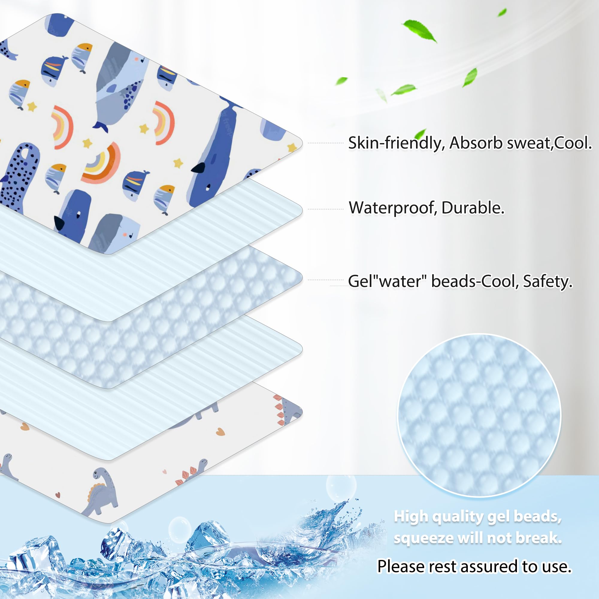 LAT Coussin Siège d’été pour Poussette, Réversible Coussin Réducteur d’été pour Poussette, Coussin Soutien Bébé avec Gel Rafraîchissant pour Poussette et Chaise Haute (Baleine+Dinosaure)