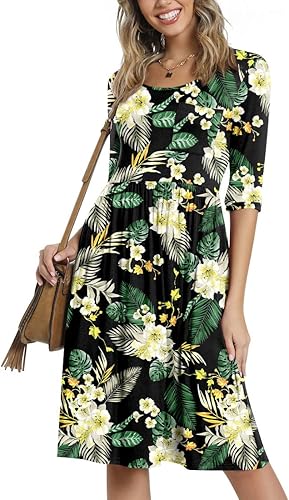 CATHY - Vestido casual 2022 de manga 34 para mujer, es informal, con bolsillos, cintura alta, cuello redondo y de longitud media