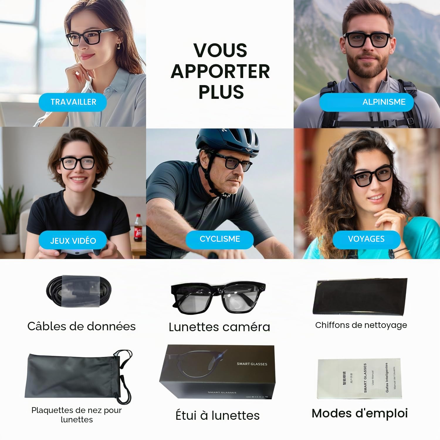 AI Smart Glasses Caméra HD 1200P avec 8 MP Anti-tremblement, lentilles photochromiques pour l'extérieur et Les Voyages, Enregistrement vidéo, Reconnaissance des Objets AI et intégration