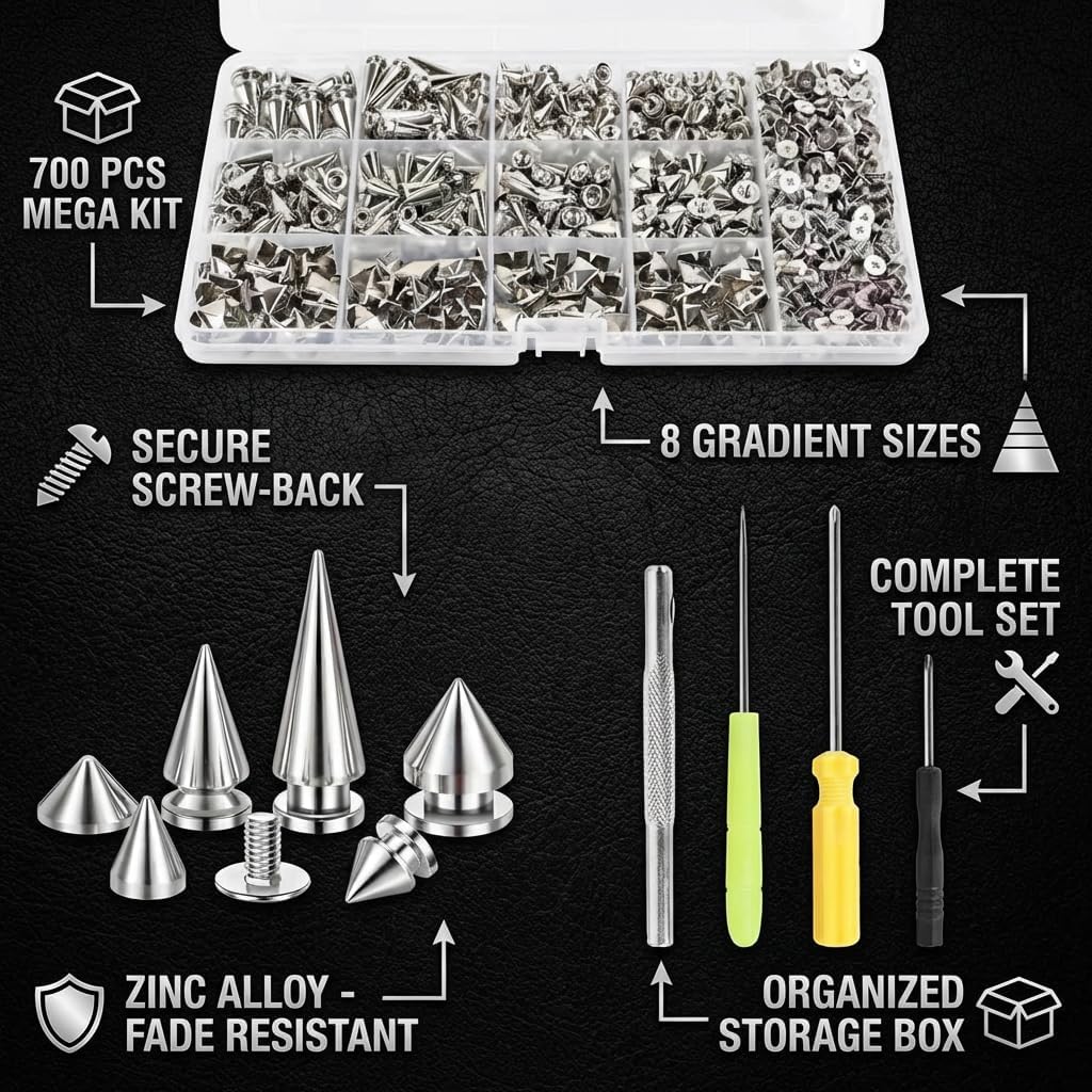 700 Pcs Punk Spikes and Studs Kit, Secure Screw-Back Leather Rivets for Crafts, Mixed 8 Size Cone Spikes and Square Pyrami Studs DIY Decoration for Biker Jackets, Shoes & Dog Collars