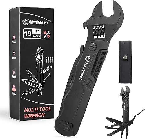 Hanboost Llave multiherramienta 19 en 1 multiusos para equipo de campamento, tamaño de bolsillo, llave ajustable con alicates, cortador de alambre,