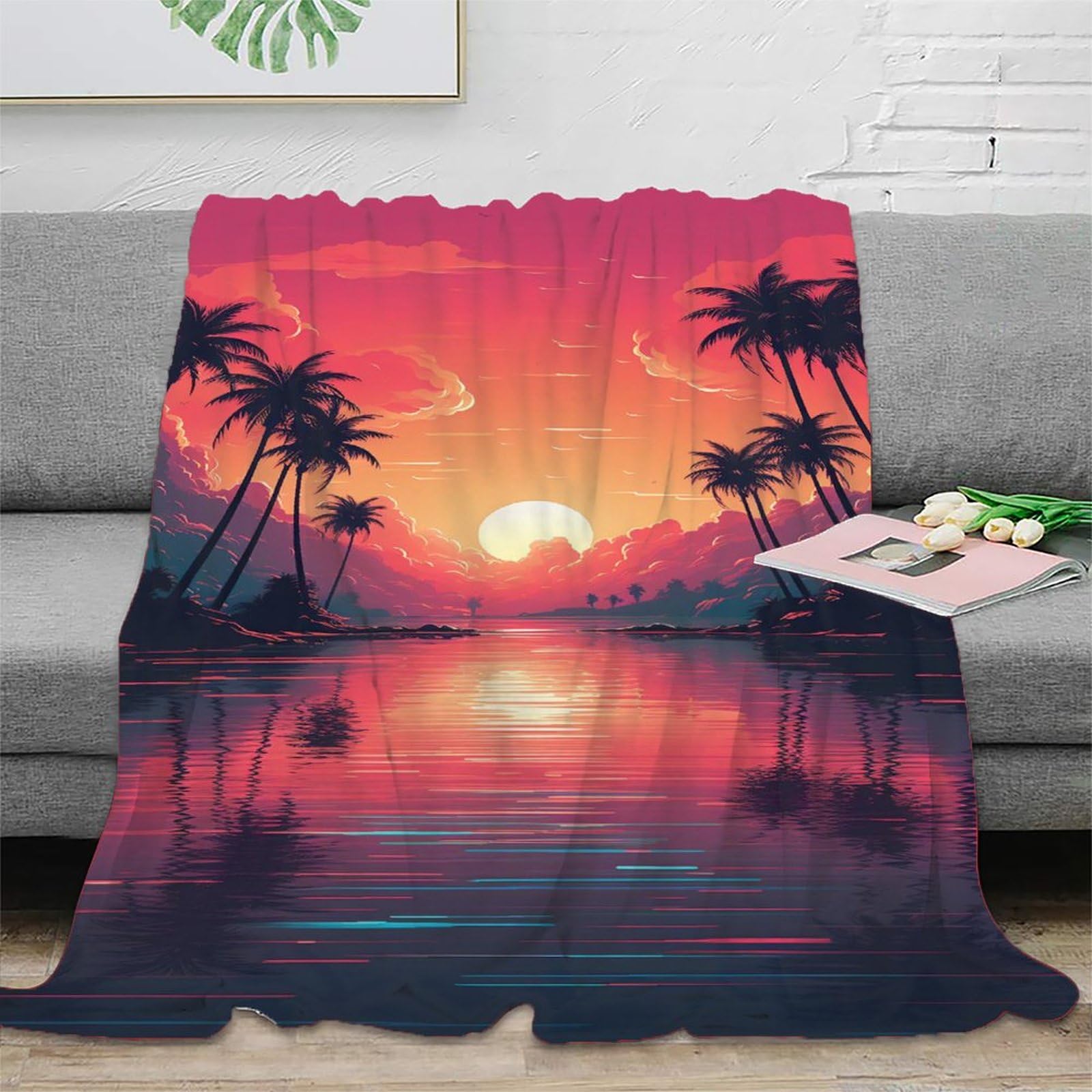KeAan Sunset Tropical Island Blanket Fleece Blanket,Cashmere Feel Cuddle Blanket Suitable for Children Adult Bed Or Sofa for All Seasons 40x50inch(100x130cm)