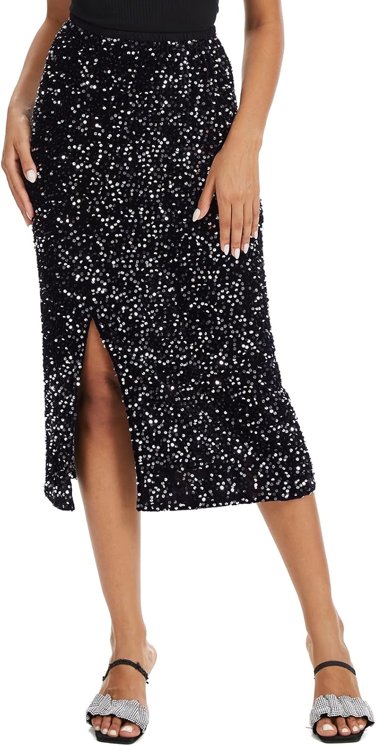 Women's Sequin Velvet Midi Skirt Elastic High Waist Night Out Split Hem Party Skirts
