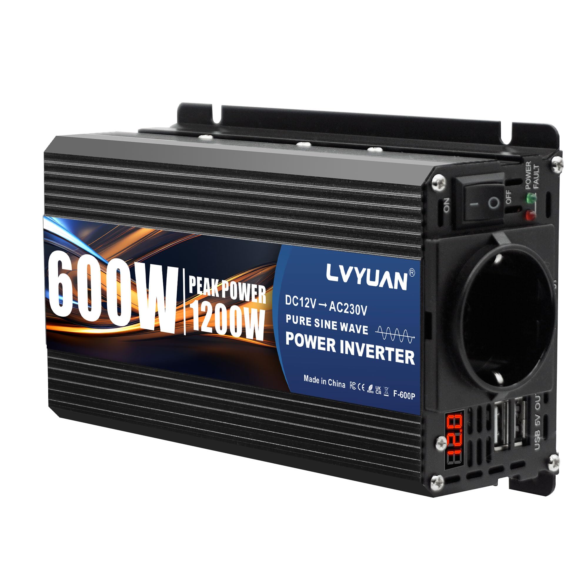 LVYUAN 600W/1200W inversor 12V a 230V convertidor de Voltaje Onda sinusoidal Pura inversor convertidor Adaptador de Cigarrillos para Coche con 2 Puertos USB y Enchufe EU | Convertidor de voltaje de cigarrillo automático adaptador con 2 puertos USB y enchu