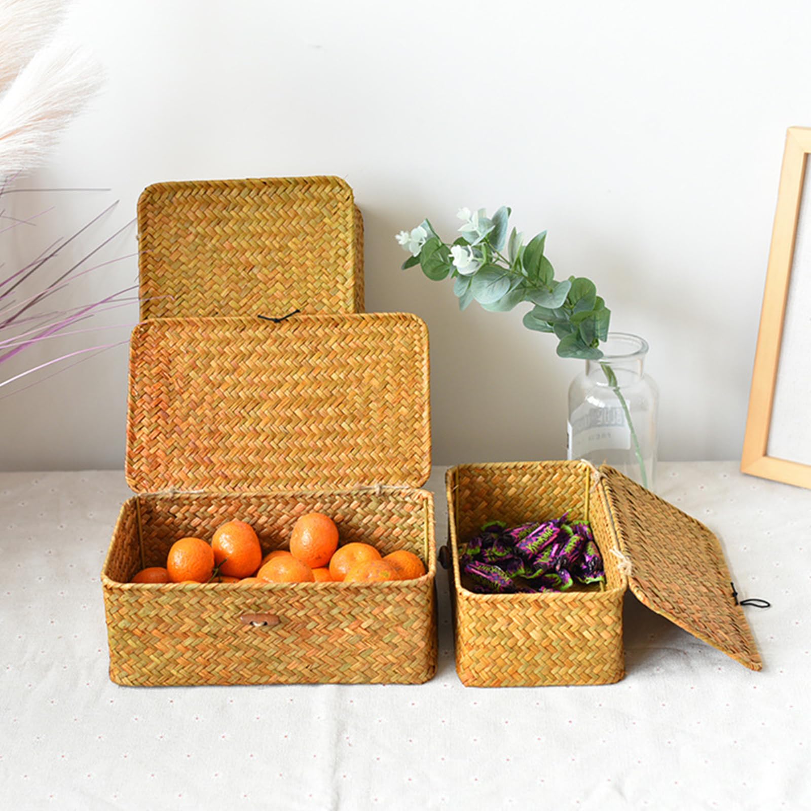 APACALI 3 Pezzi Cestino in Rattan, Cesto Rettangolare in Crine Vegetale con Coperchio, Cesto Naturale Intrecciato in Crine Vegetale, Cestini in Vimini per Scaffali, Organizzazione in Crine Vegetale