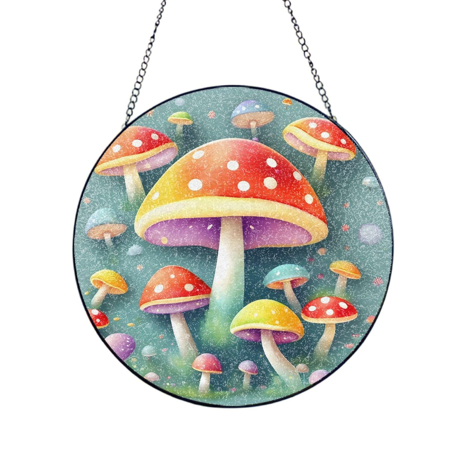 Phayah Cute Colored Mushrooms Print Stained Glass Window Hanging Sun Catchers Decoration Mother'S Day Birthday Gifts For Home Garden Porch 8in（20cm）